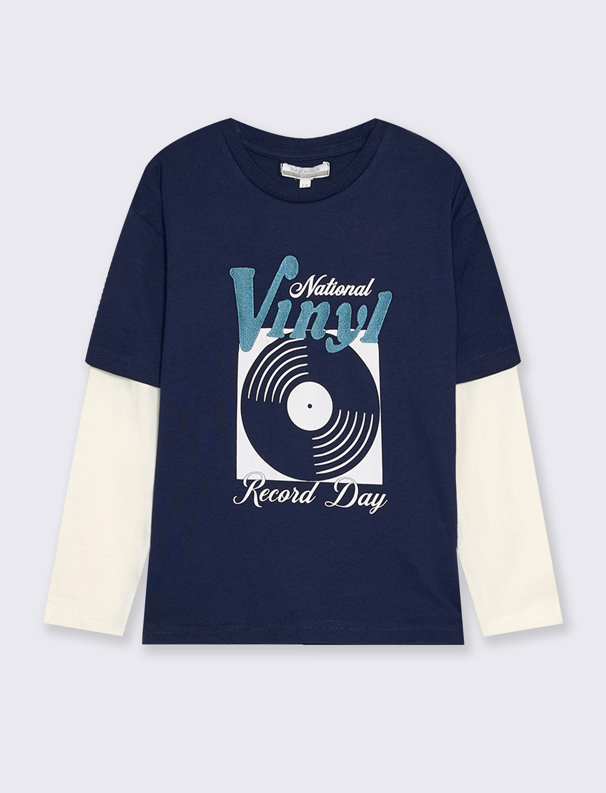T-shirt bicolor con stampa retrò e ricamo - Blu