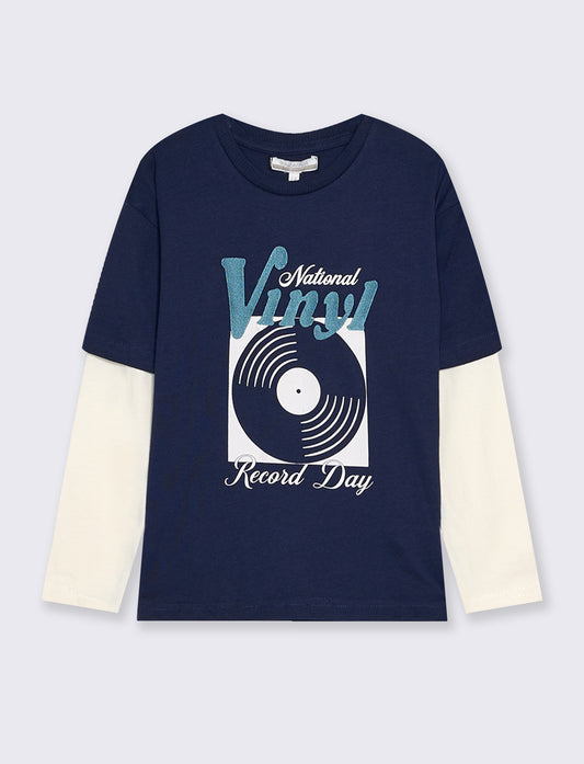 Bicolor T-shirt with retro print and embroidery - Blue