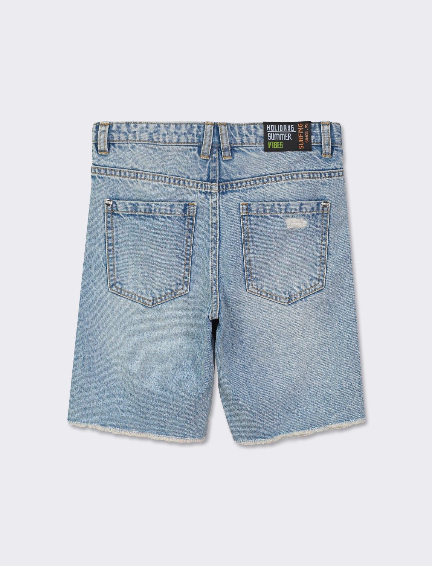 Denim Bermuda Shorts with Printed Front and Rips, Regular Fit - Blue