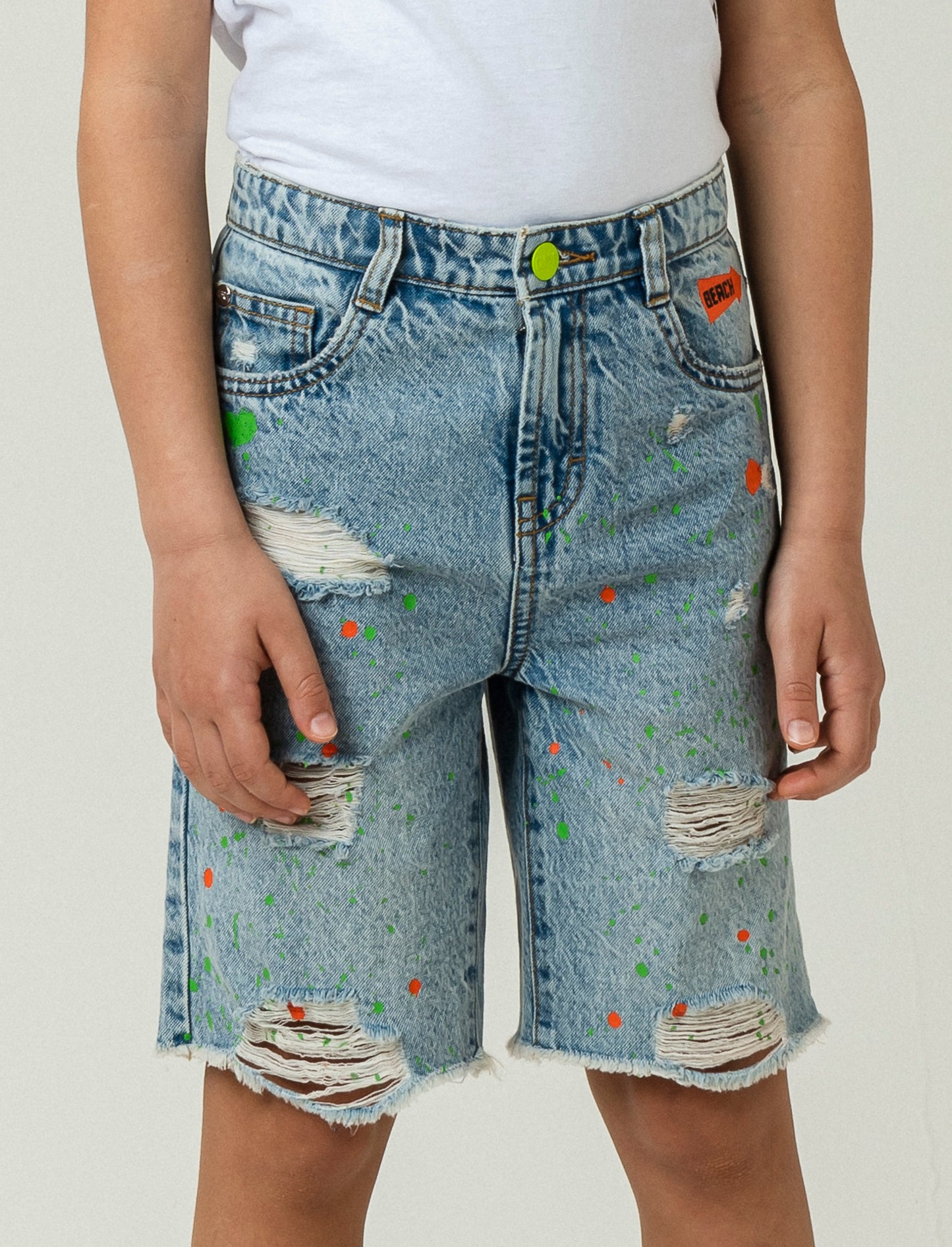 Denim Bermuda Shorts with Printed Front and Rips, Regular Fit - Blue