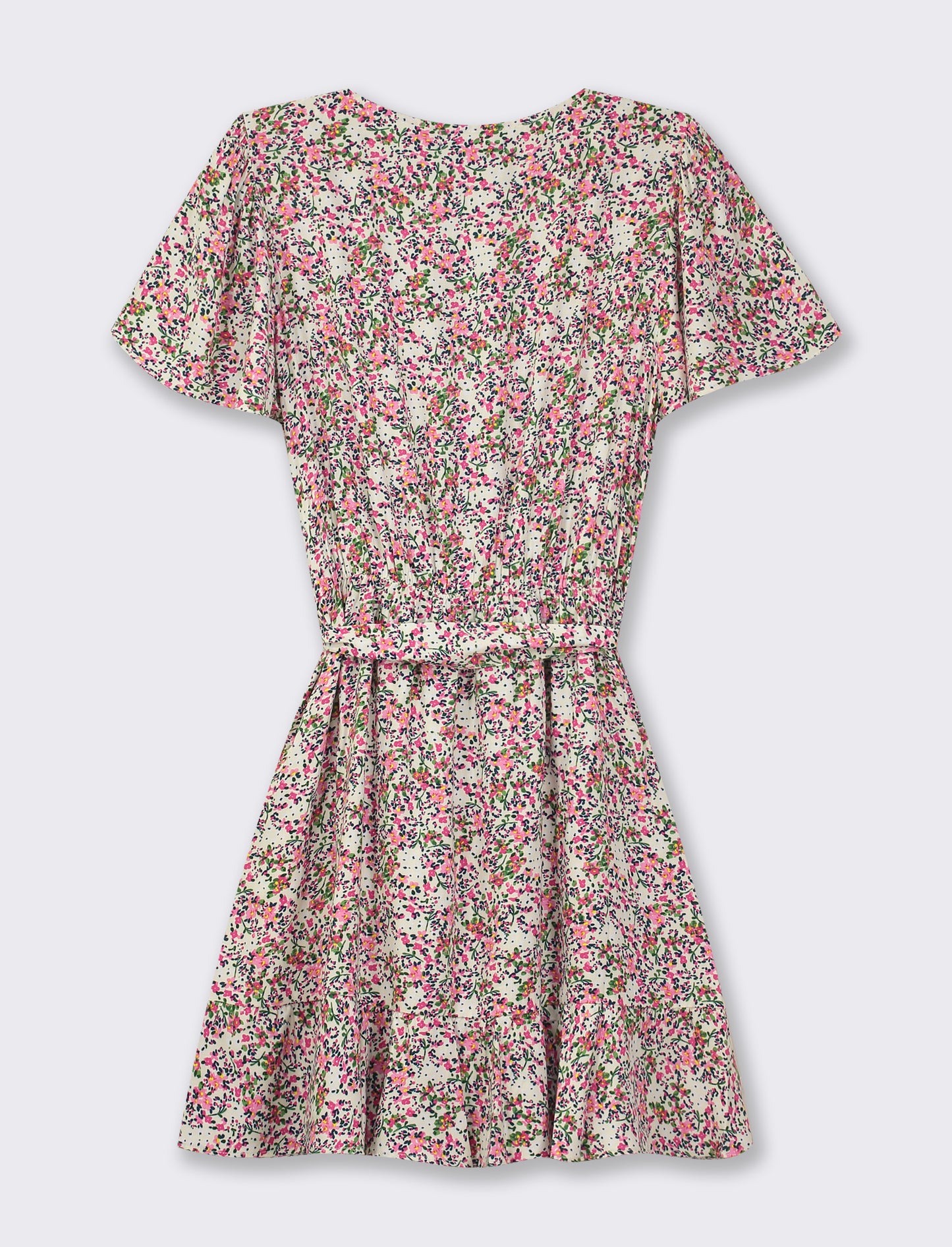 Vestito mini stampato con rouches sul fondo e su manica, fusciacca in tessuto in vita - var 1