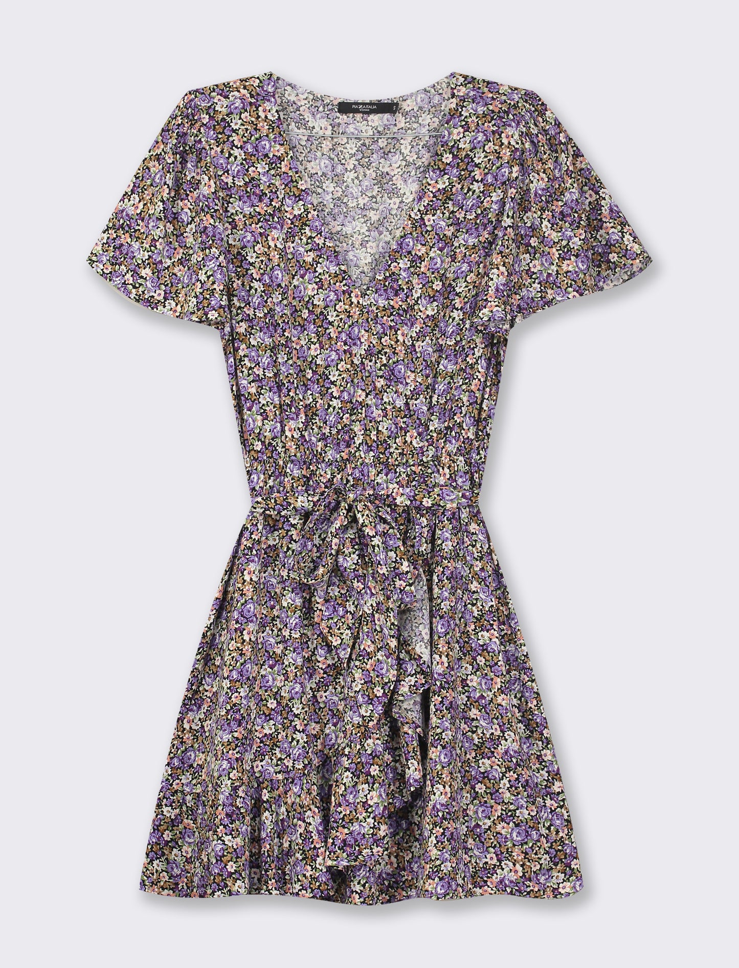 Printed Viscose Mini Dress with Ruffles on Hem and Sleeve, Fabric Belt in Waist - 