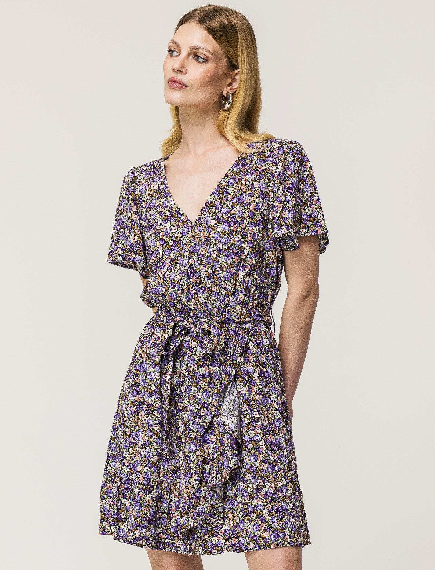 Printed Viscose Mini Dress with Ruffles on Hem and Sleeve, Fabric Belt in Waist - 