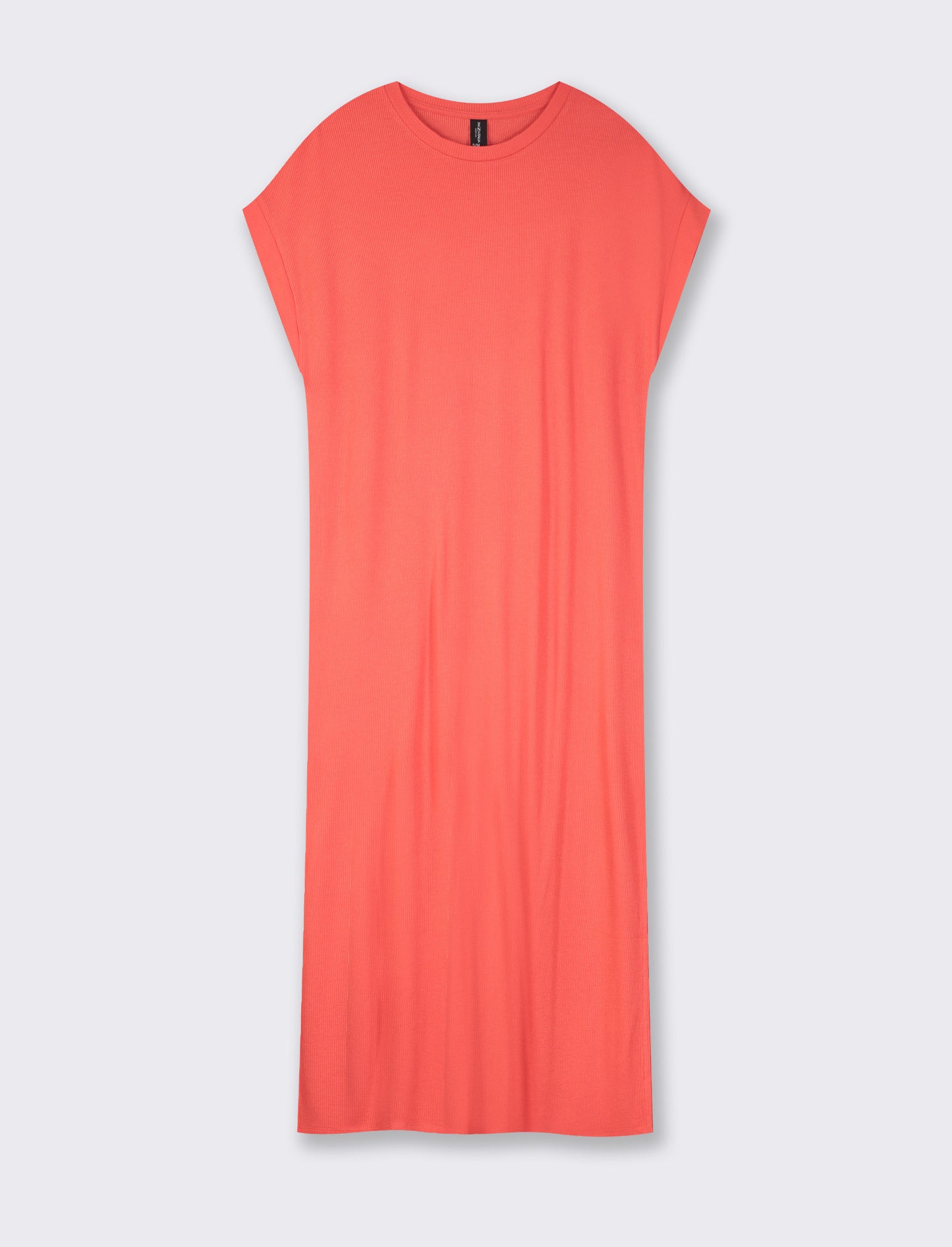 Ribbed Viscose Dress with Round Neck and Side Slits - Orange