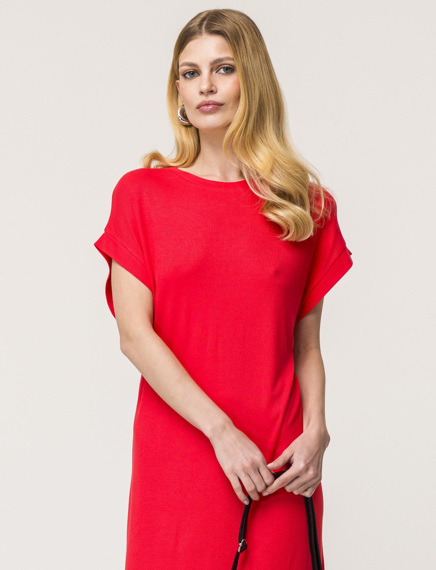 Ribbed Viscose Dress with Round Neck and Side Slits - Orange