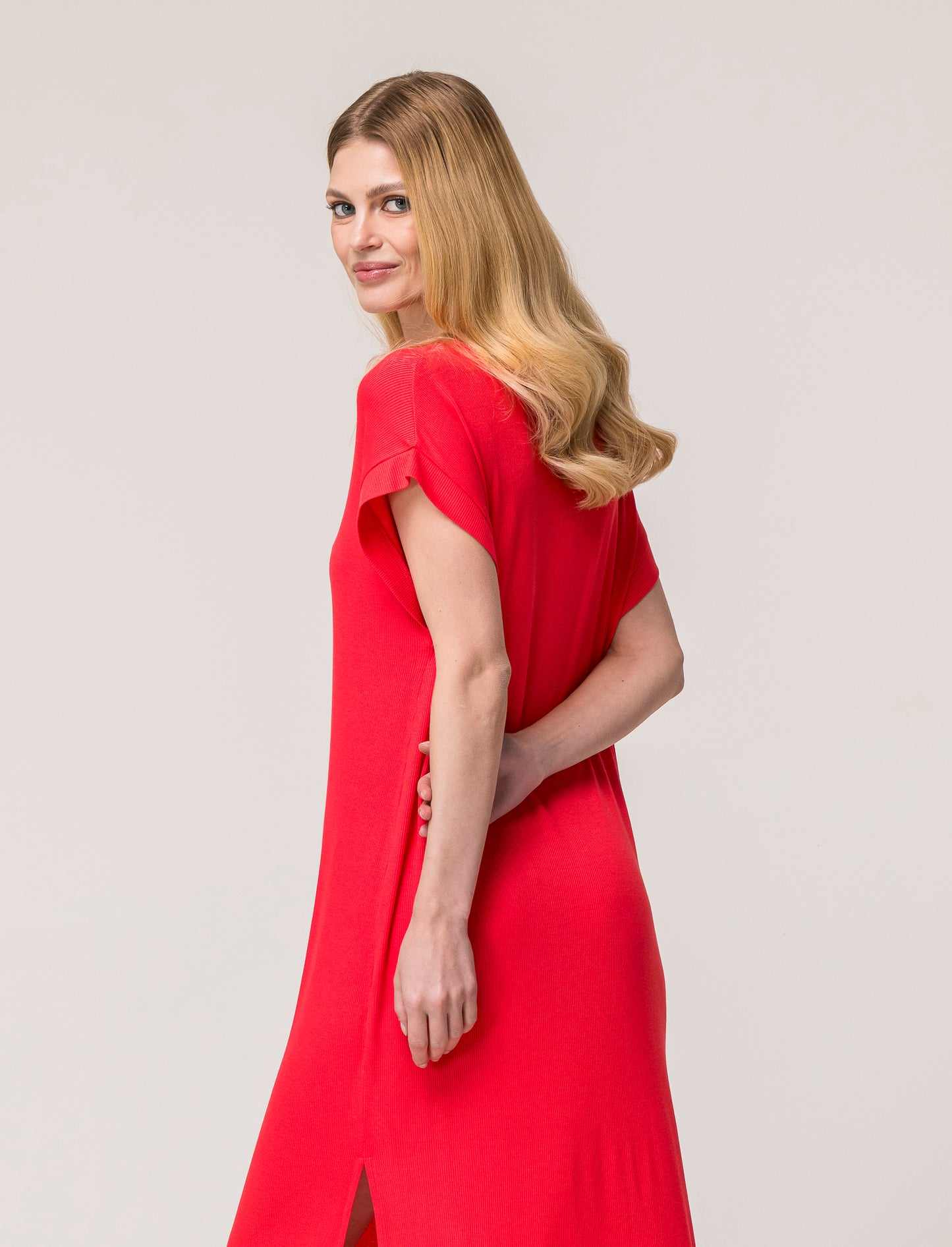 Ribbed Viscose Dress with Round Neck and Side Slits - Orange