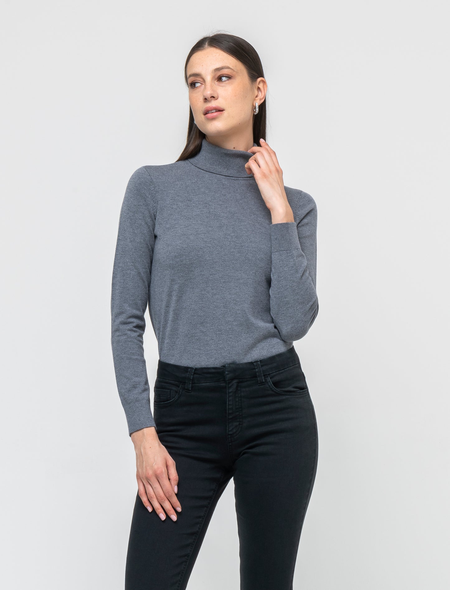Maglia a collo alto basica in maglia fine  vestibilità comfort - Antracite melange