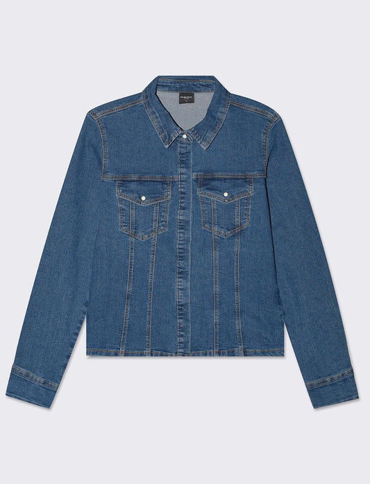 Camicia in denim skinny elastico con bottoni a pressione - Denim