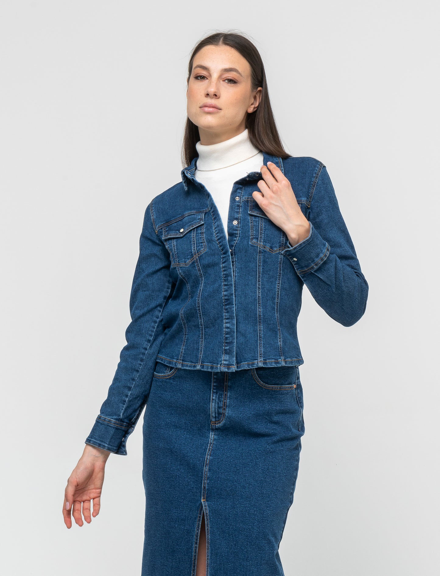 Women's Skinny Fit Snap Button Denim Shirt with Chest Pockets - Blue