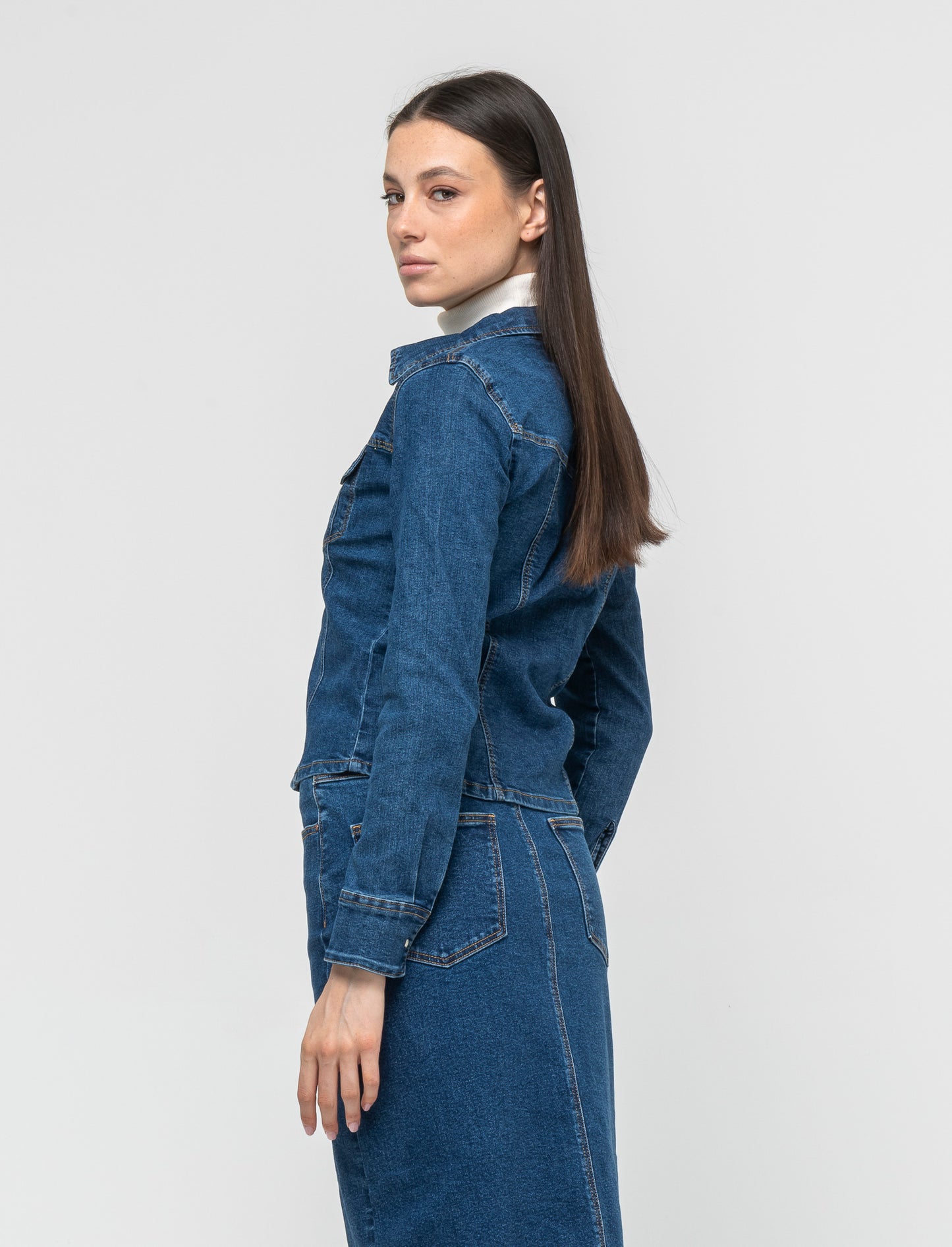 Women's Skinny Fit Snap Button Denim Shirt with Chest Pockets - Blue