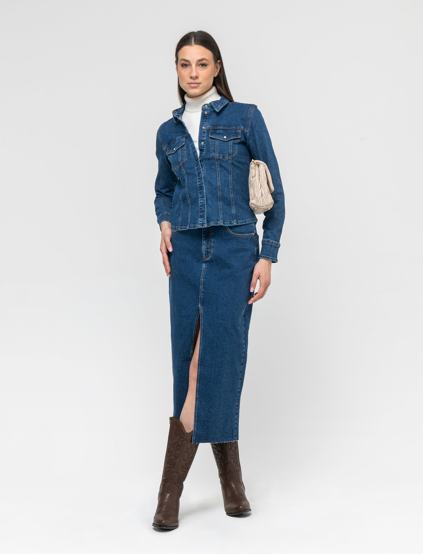 Camicia in denim skinny elastico con bottoni a pressione - Denim