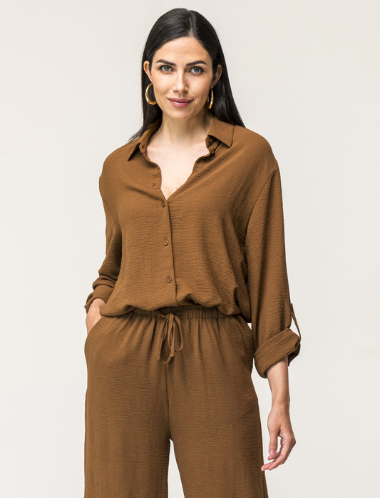 Long Sleeve Solid Color Fluid Fabric Women's Shirt with Dropped Shoulder and Sleeve Tabs - Brown