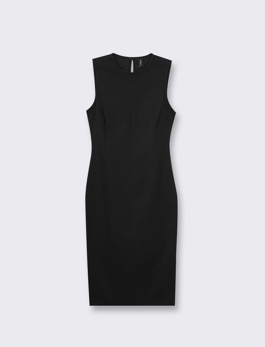 Sleek Sleeveless Round Neck Midi Dress with Back Slit - Black