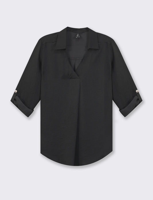 Women's V-Neck Long Sleeve Shirt with Roll-Up Tabs - Lightweight and Flowy Fabric - Available in Var - Black