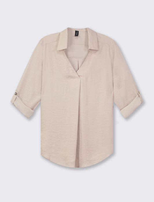 Women's V-Neck Long Sleeve Shirt with Roll-Up Tabs - Lightweight and Flowy Fabric - Available in Var - Beige