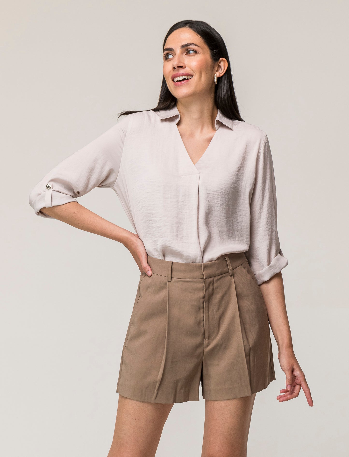 Women's V-Neck Long Sleeve Shirt with Roll-Up Tabs - Lightweight and Flowy Fabric - Available in Var - Beige