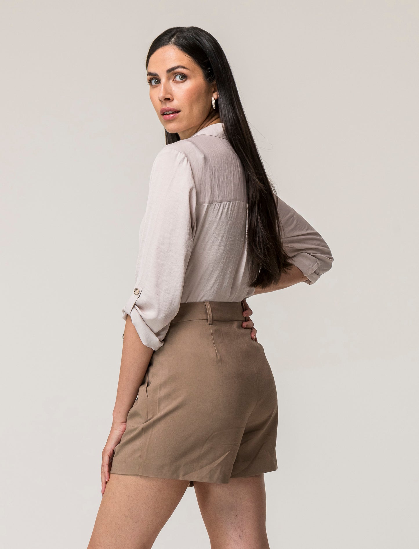 Women's V-Neck Long Sleeve Shirt with Roll-Up Tabs - Lightweight and Flowy Fabric - Available in Var - Beige