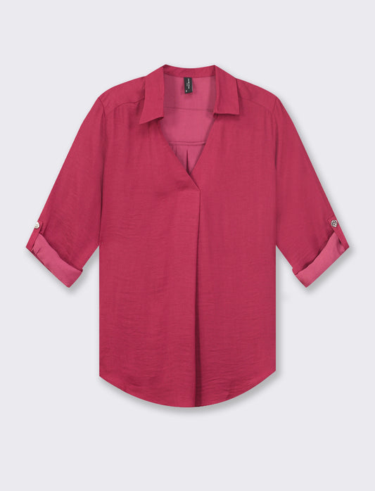 Women's V-Neck Long Sleeve Shirt with Roll-Up Tabs - Lightweight and Flowy Fabric - Available in Var - Red