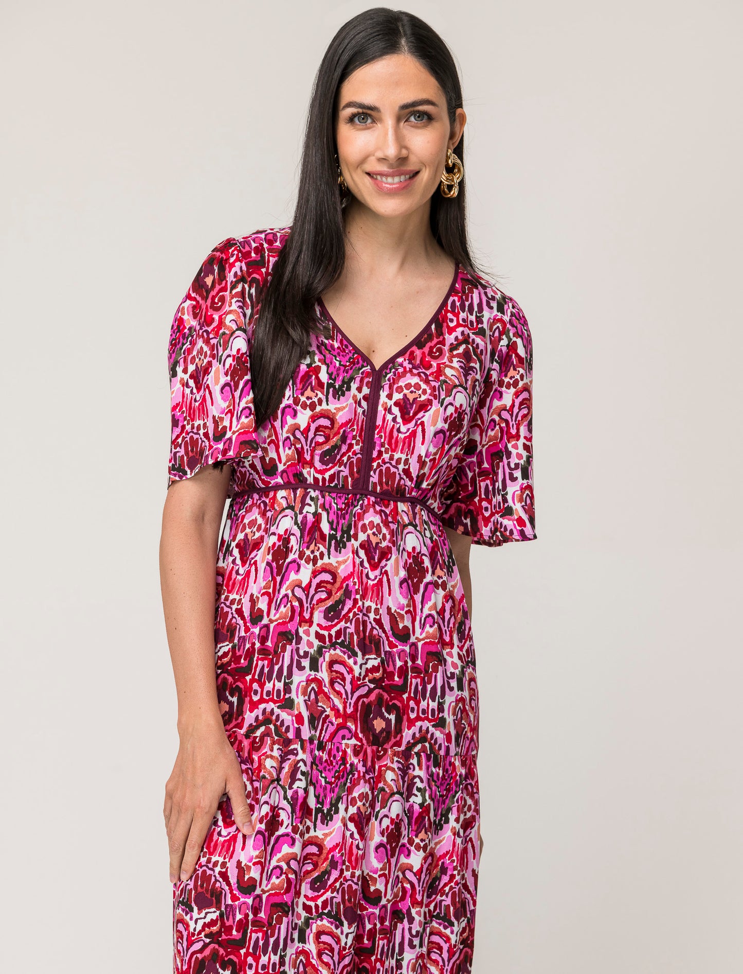 Long Viscose Dress with Wide Sleeves and Printed Patterns - 