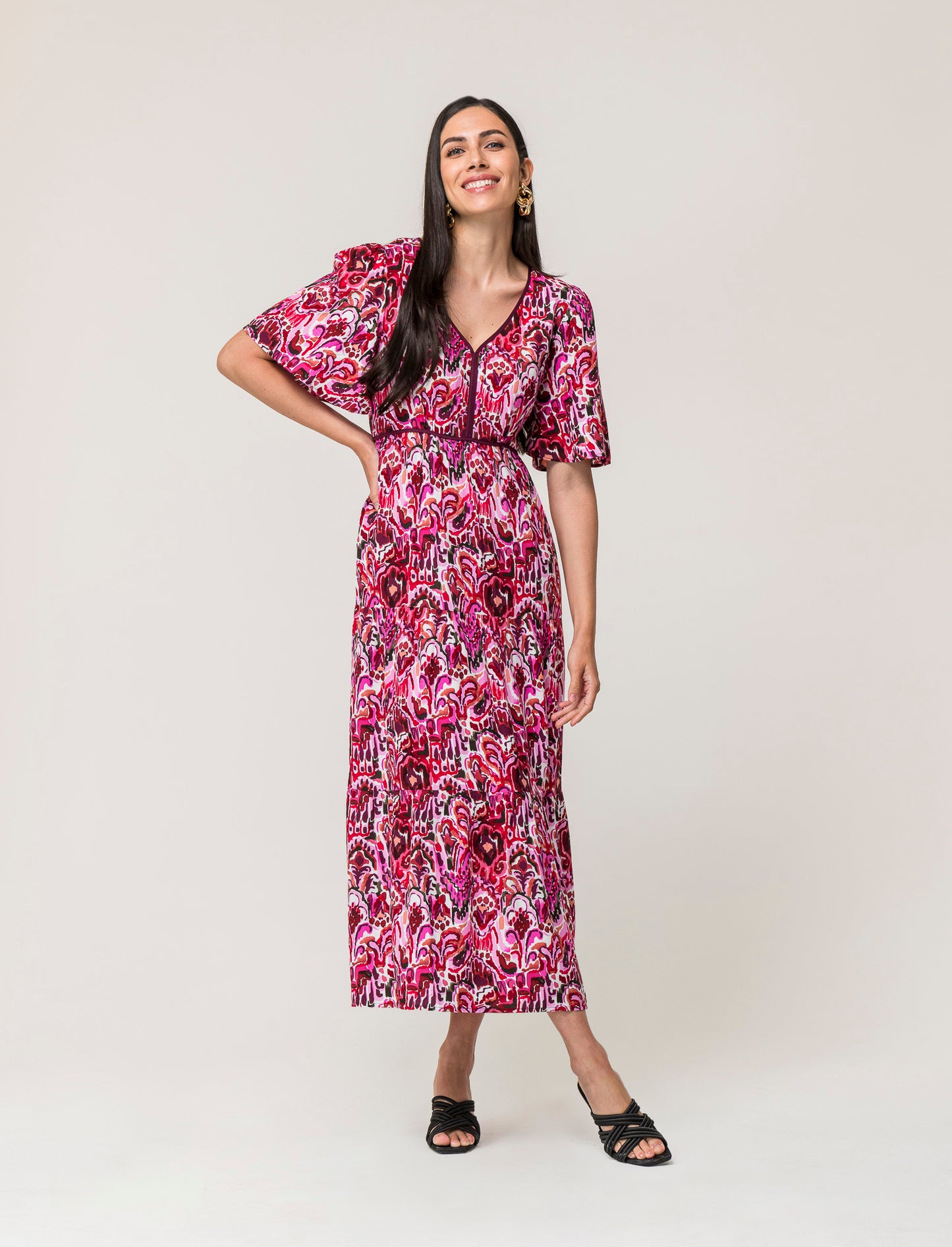 Long Viscose Dress with Wide Sleeves and Printed Patterns - 