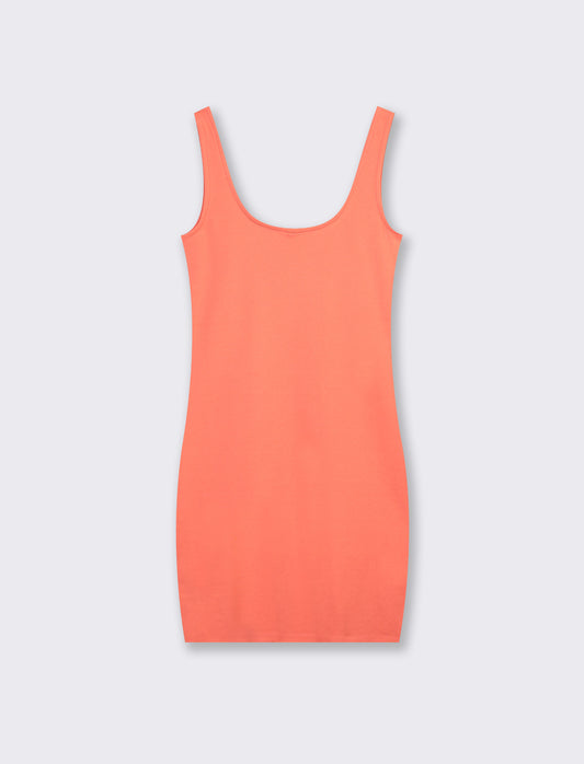 Elastic Short Dress with Rectangular Neckline - Orange