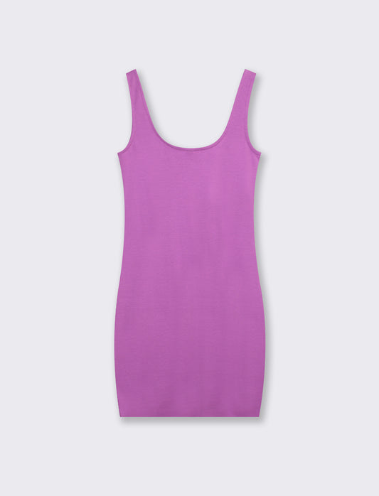 Elastic Short Dress with Rectangular Neckline - Purple