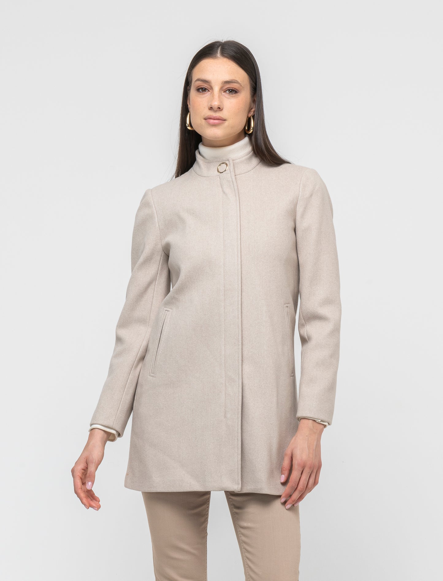 Cappotto basic con chiusura zip e bottone al collo - Bianco gesso