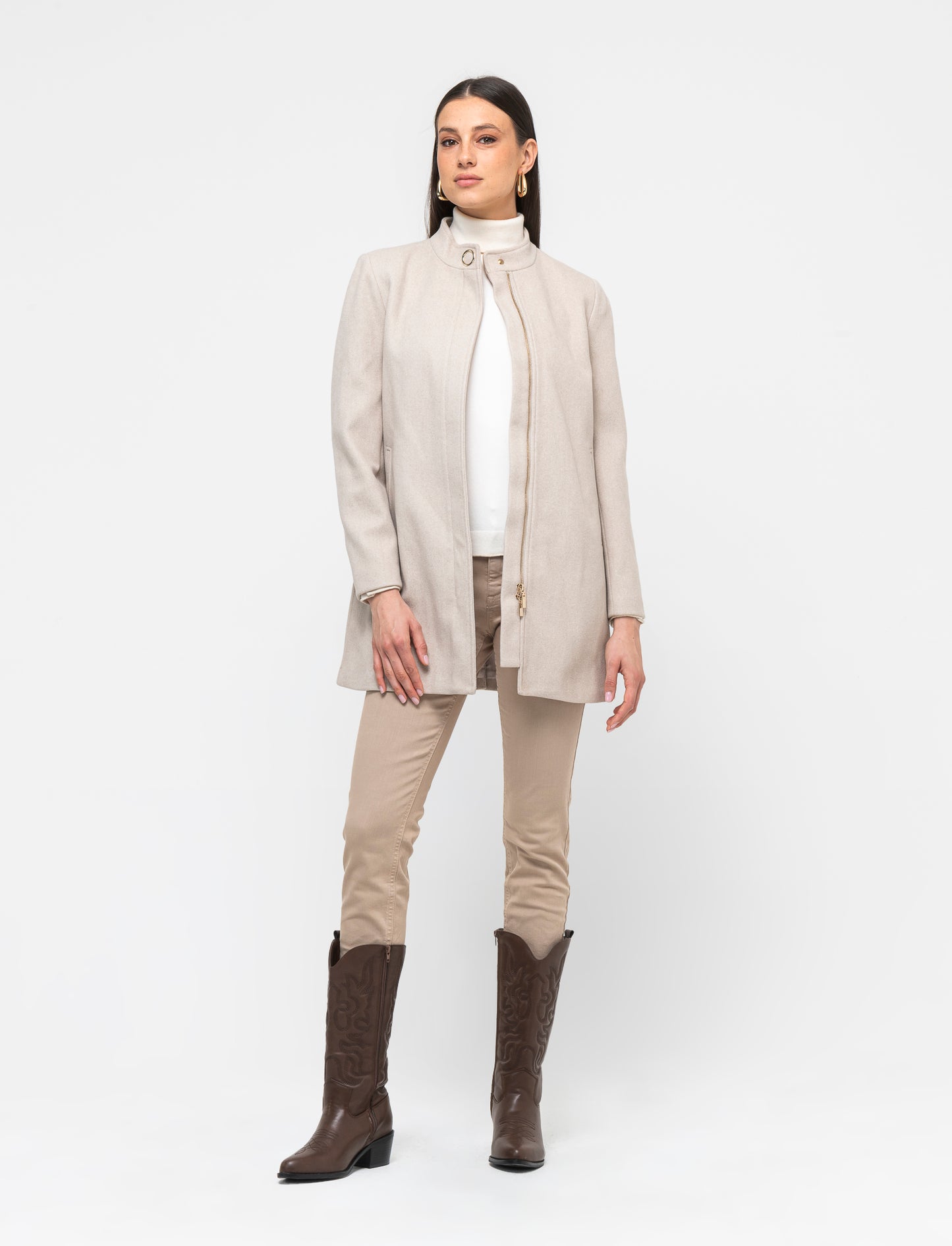 Cappotto basic con chiusura zip e bottone al collo - Bianco gesso