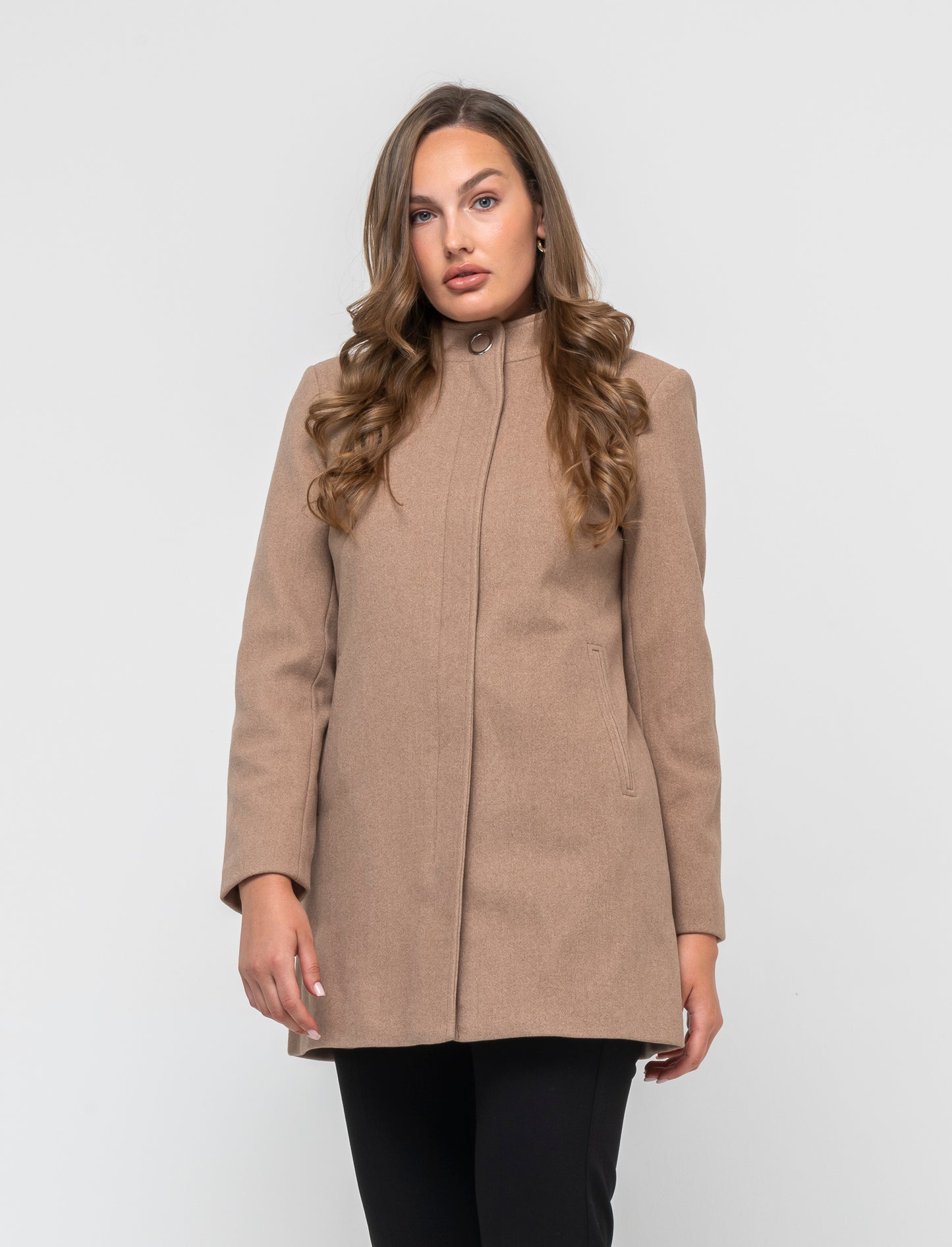 Cappotto basic con chiusura zip e bottone al collo - Tortora melange