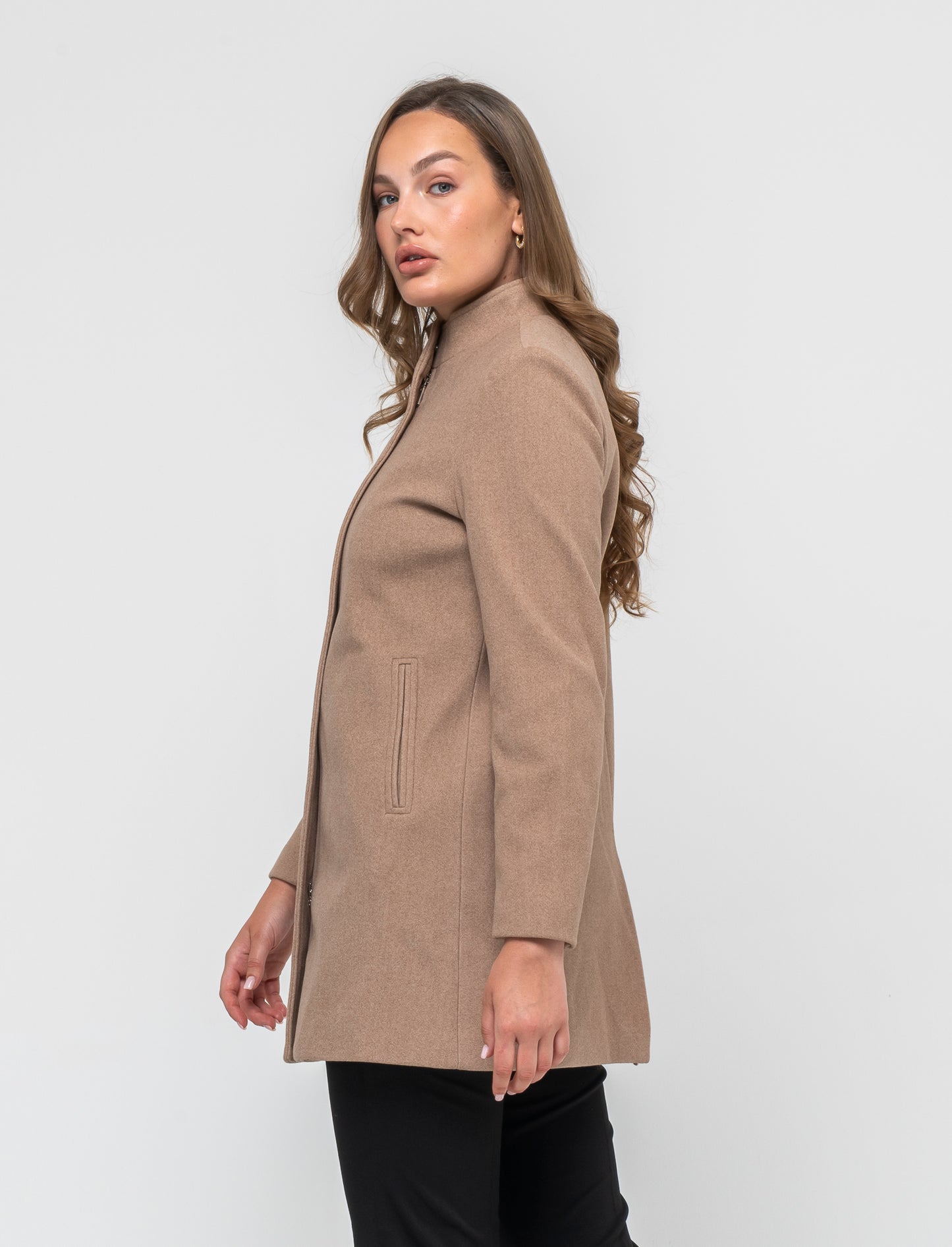 Cappotto basic con chiusura zip e bottone al collo - Tortora melange