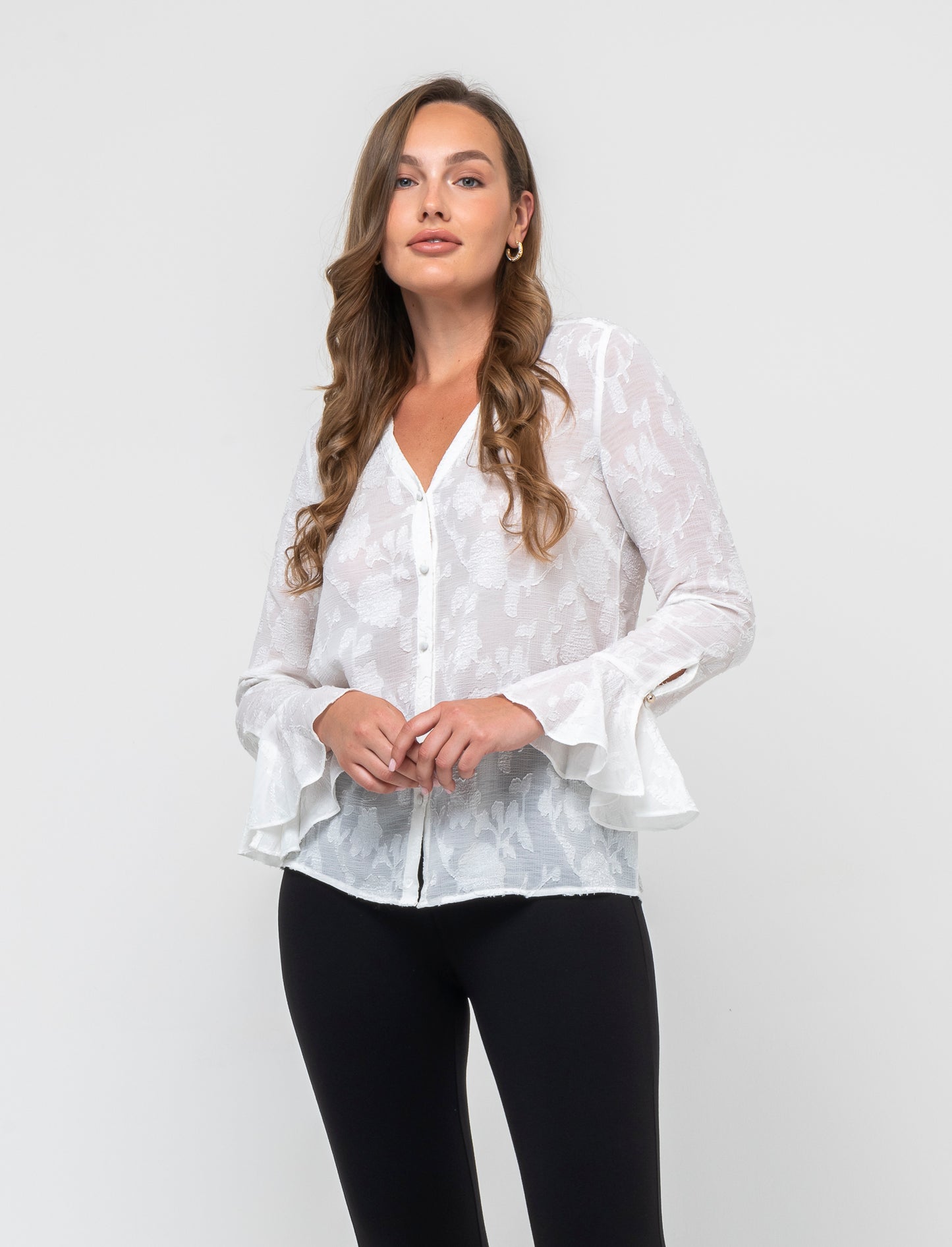 Camicia a manica lunga con scollo a V da donna - Bianco latte