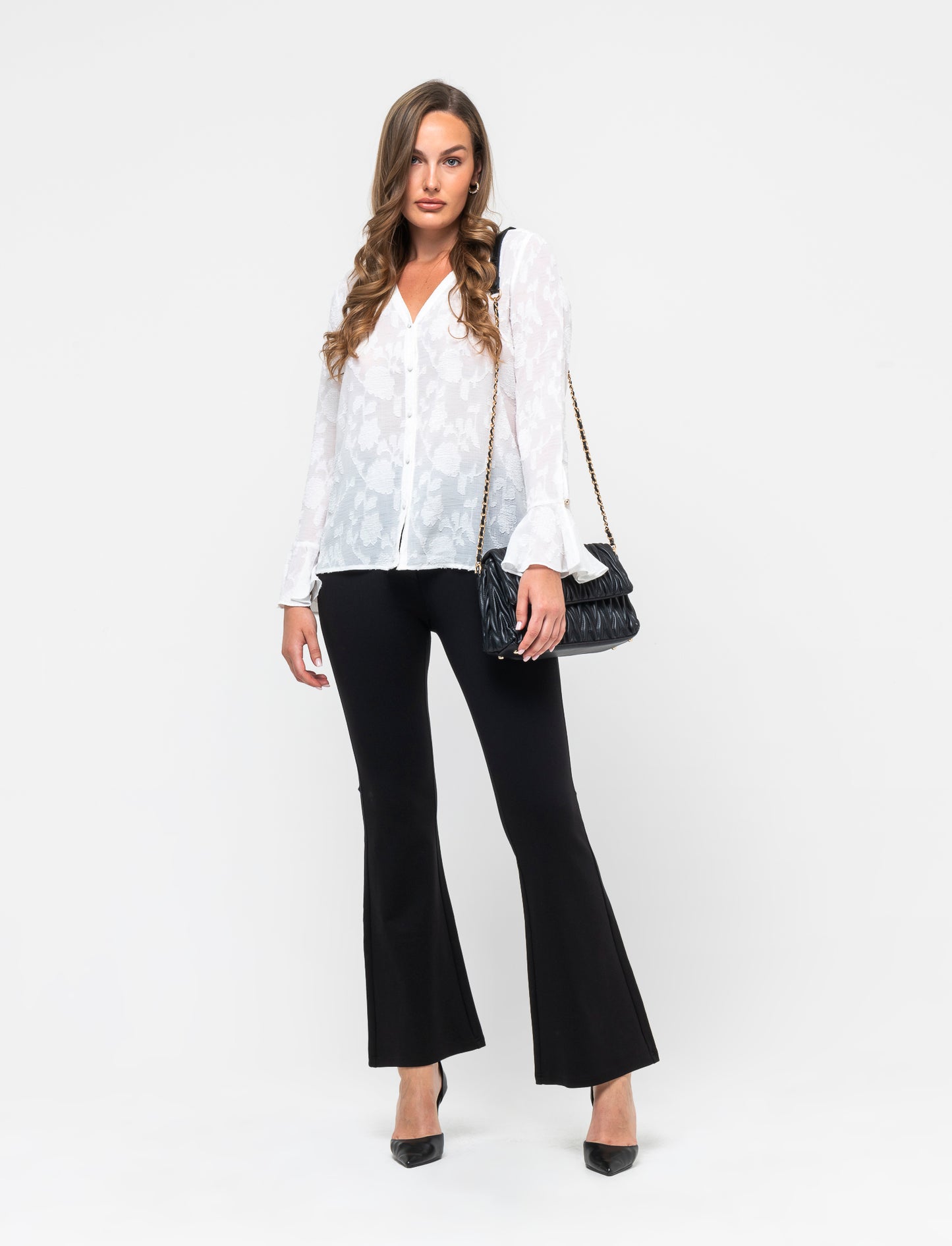 Camicia a manica lunga con scollo a V da donna - Bianco latte