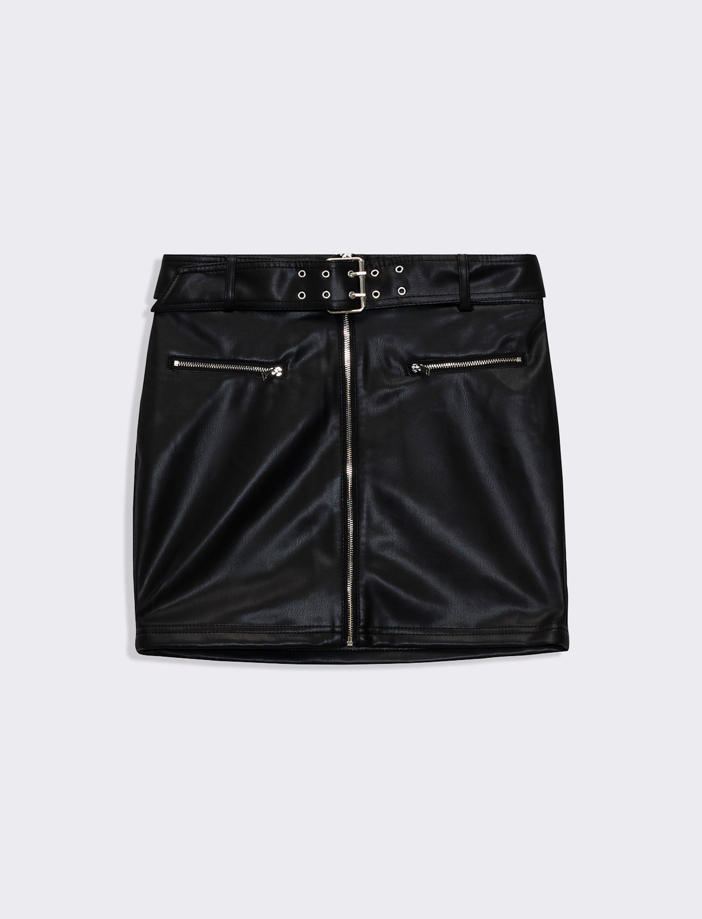 Woman's short faux leather skirt with belt - Black