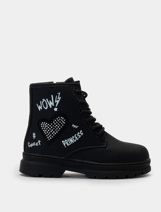 Black PU Amphibian with Strass Heart and Rock Sole - Black