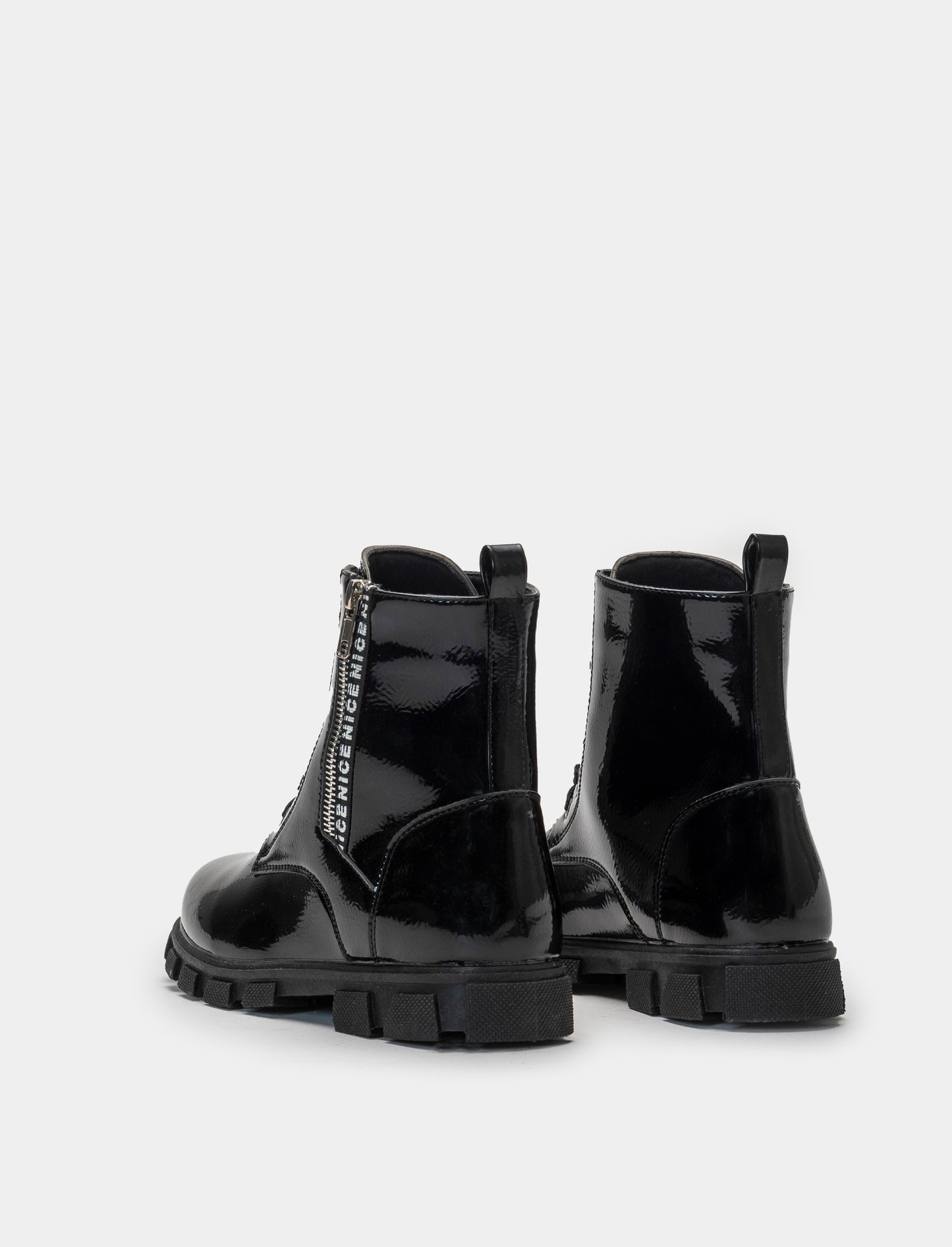 Black Patent Leather Ankle Boots with Zips - Black