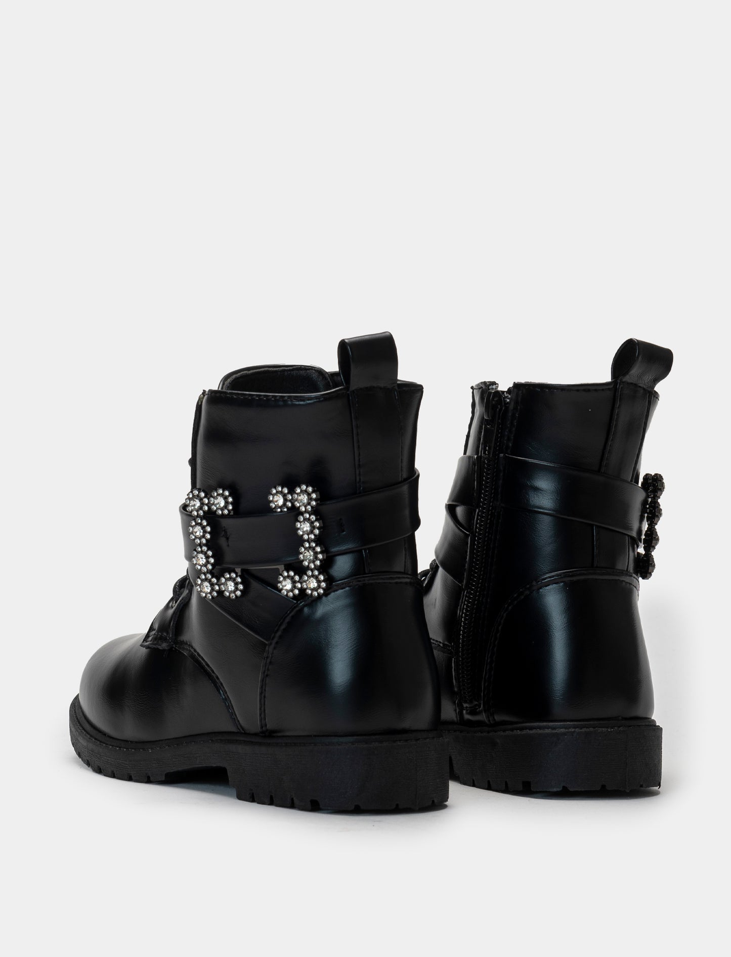 Black Ankle Boots with Jewel Strap and Zip - Black