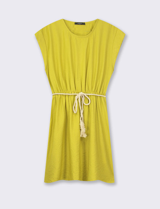 Woman's sleeveless dress with waist belt - Yellow