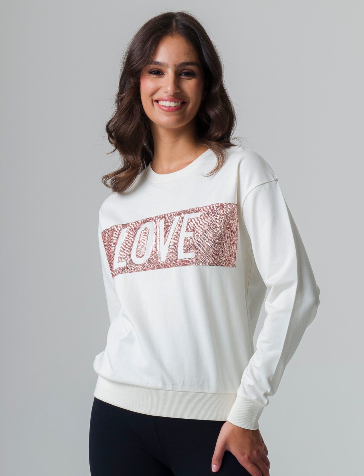 Woman's long sleeve crewneck sweatshirt with embellishments - Beige