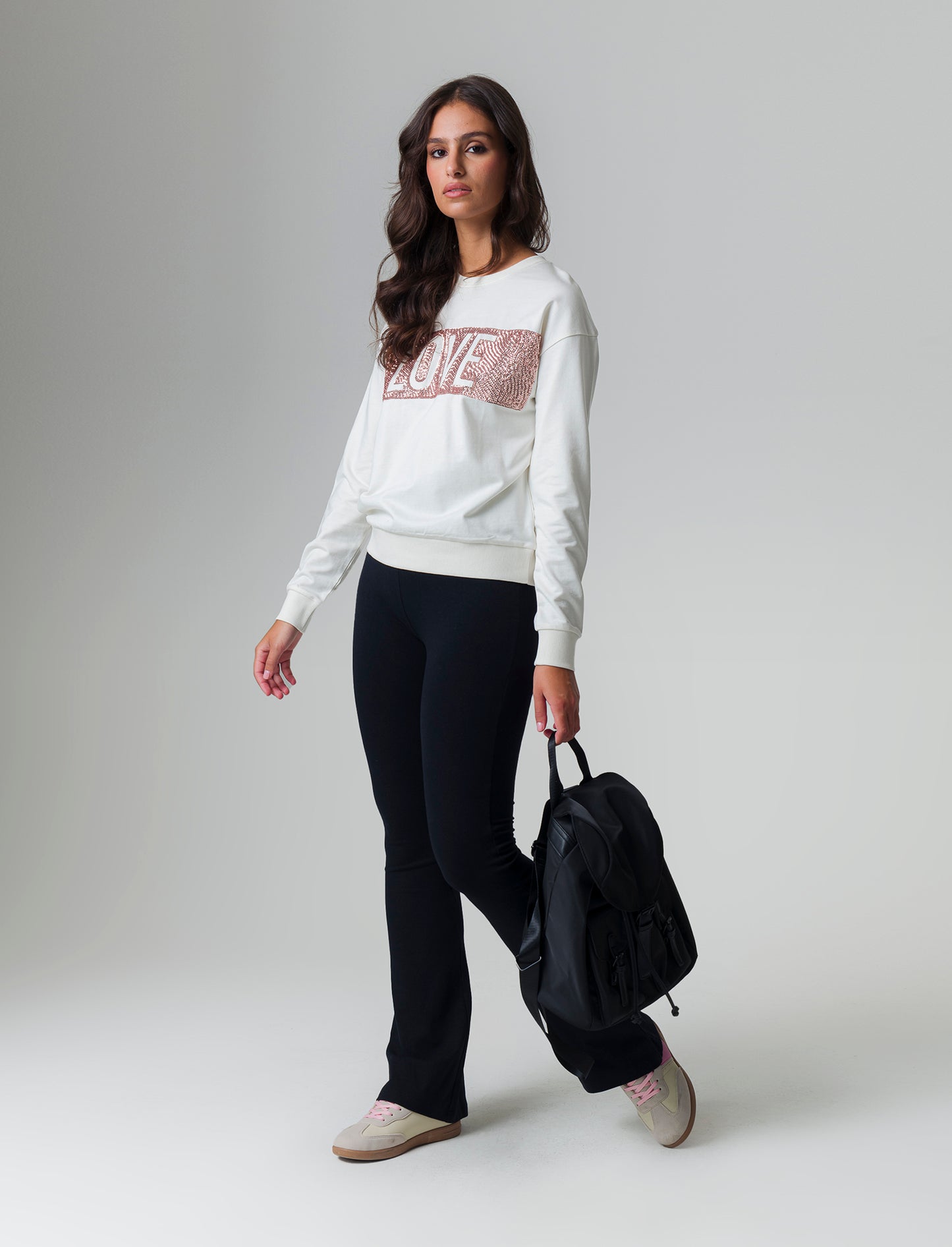 Woman's long sleeve crewneck sweatshirt with embellishments - Beige