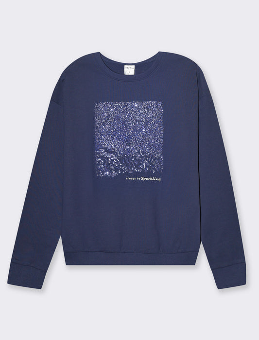Woman's long sleeve crewneck sweatshirt with embellishments - Blue