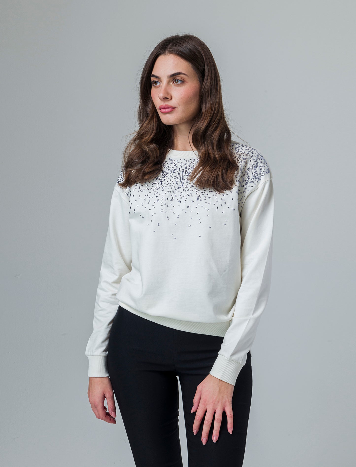 Woman's long sleeve crewneck sweatshirt with embellishments - Beige