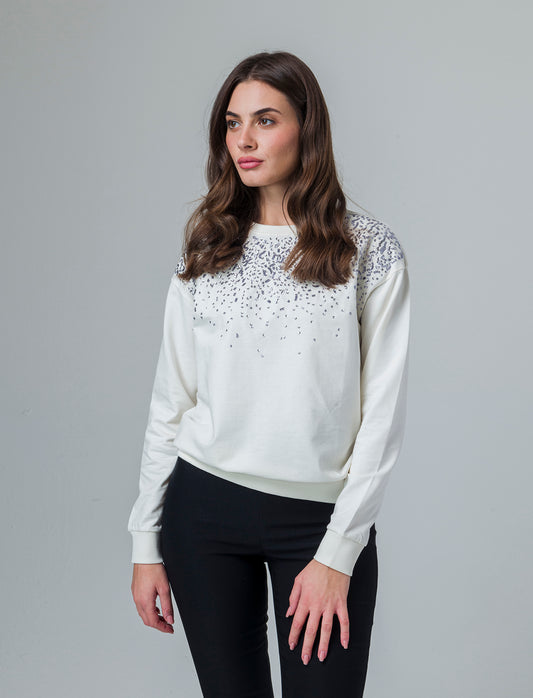 Woman's long sleeve crewneck sweatshirt with embellishments - Beige