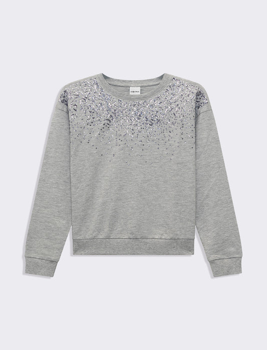 Woman's long sleeve crewneck sweatshirt with embellishments - Grey