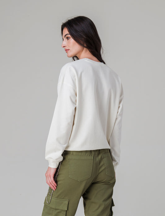 Woman's long sleeve crewneck sweatshirt with chest print - Beige