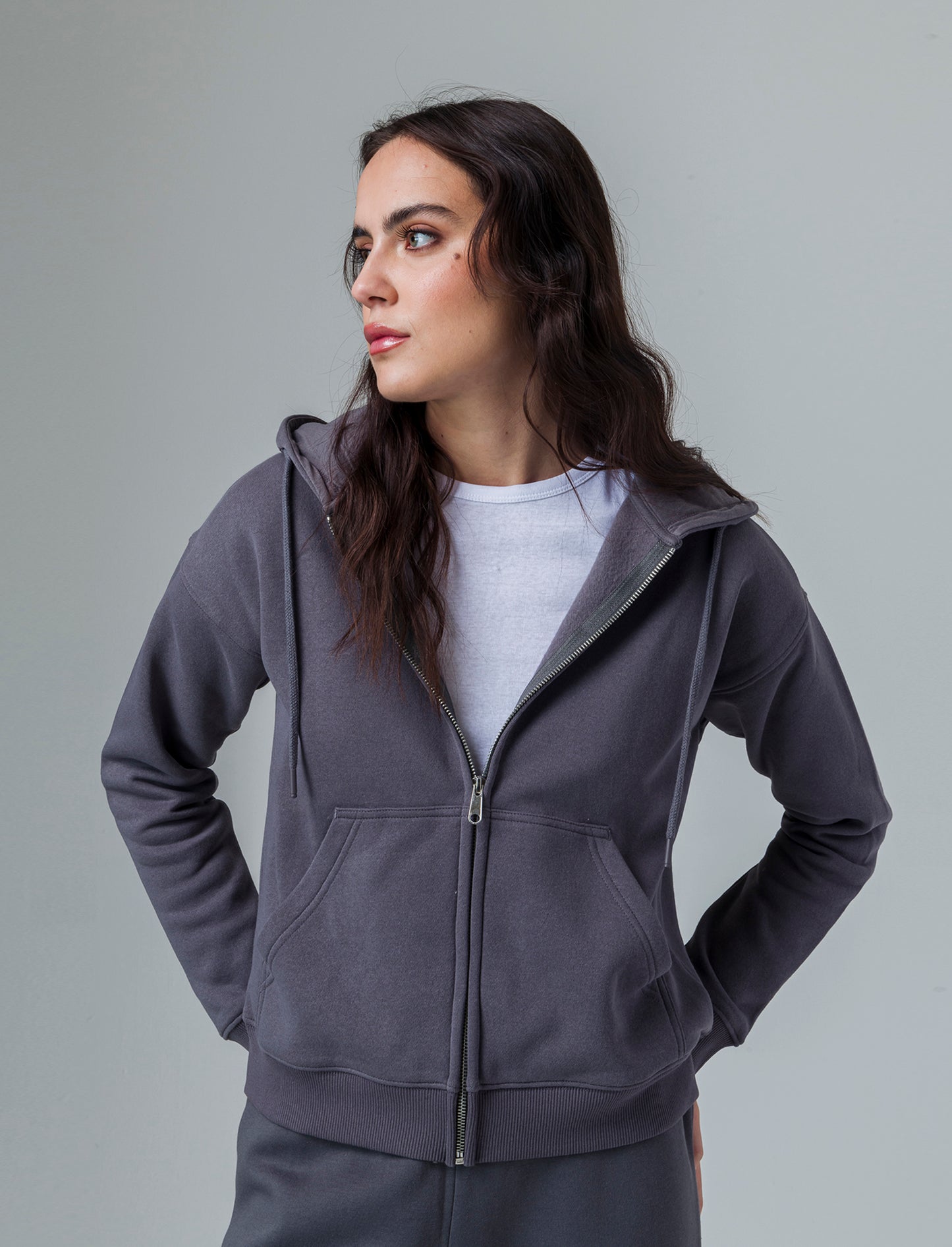 Felpa con cappuccio e zip da donna - Grigio piombo