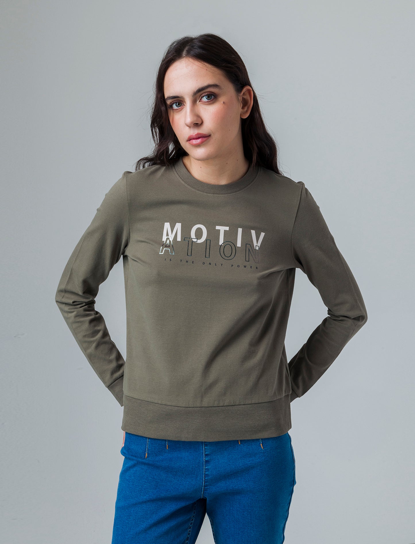 T-shirt manica lunga con stampa da donna - Verde salvia