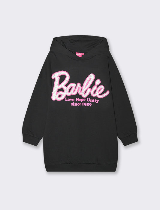 Vestito in tessuto felpato con cappuccio e lavorazione in paillettes con logo barbie - Nero