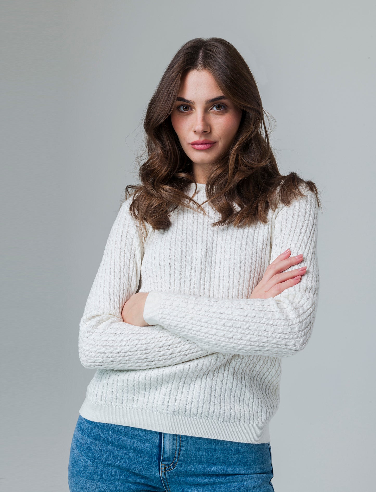 Maglia basica giro collo a trecce da donna - Avorio