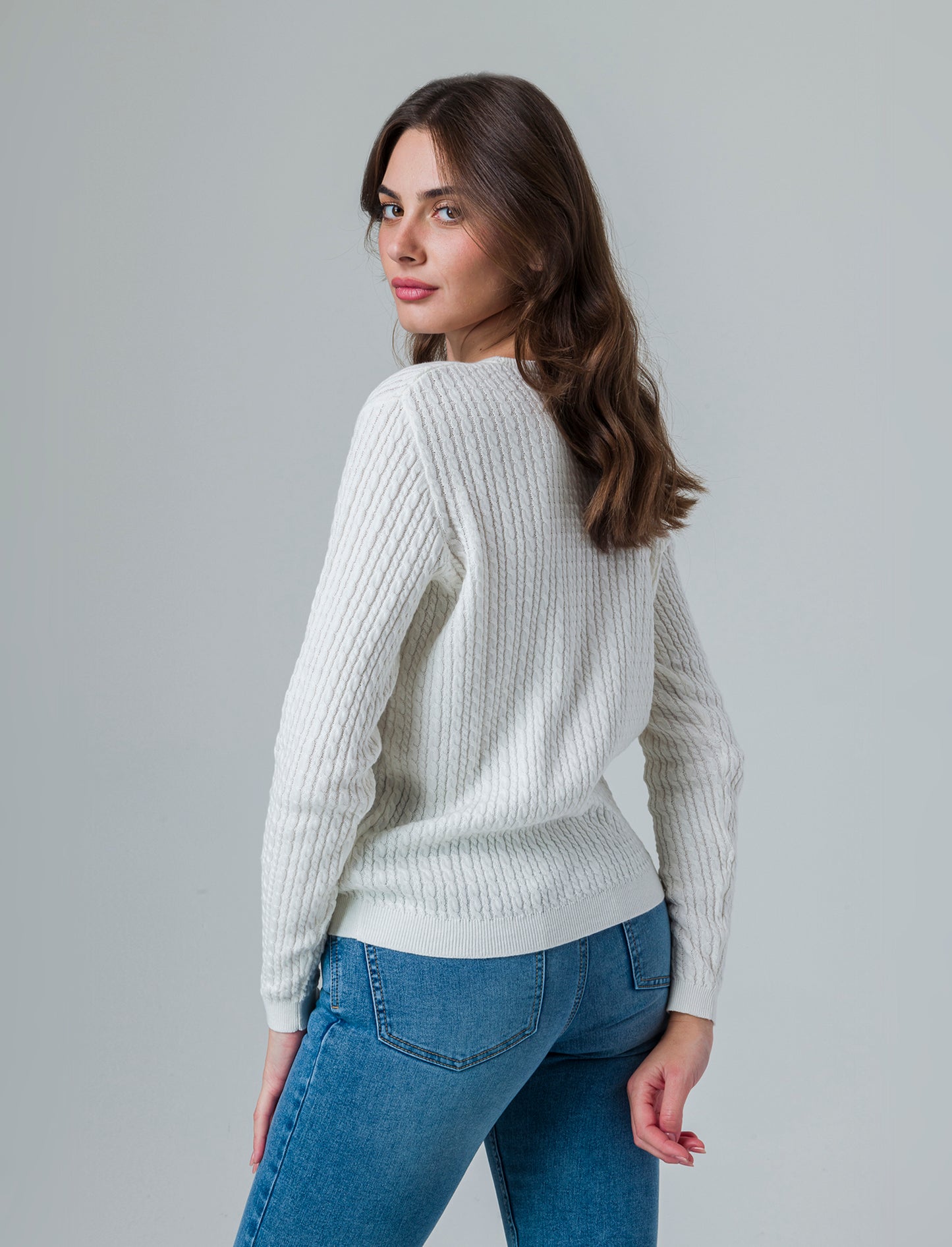 Maglia basica giro collo a trecce da donna - Avorio