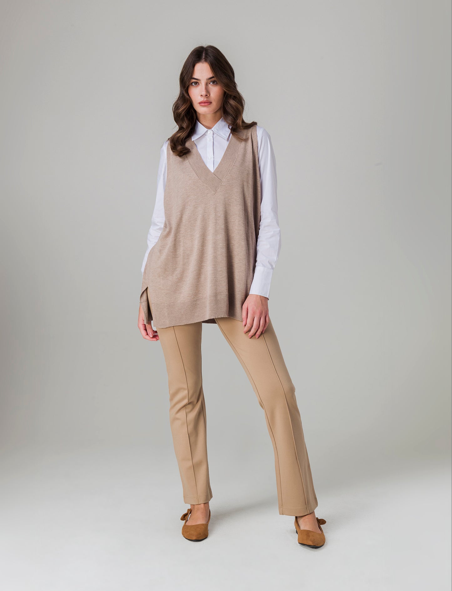 Maglia giro manica da donna - Cammello